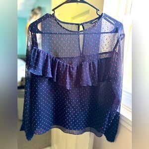 Sheer ruffle navy polka dot blouse